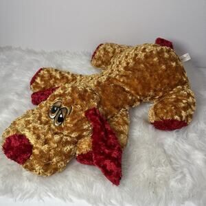 Dan Dee Dog Large Plush Laying Puppy Stuffed Animal Brown Sewn Eyes Floppy Red